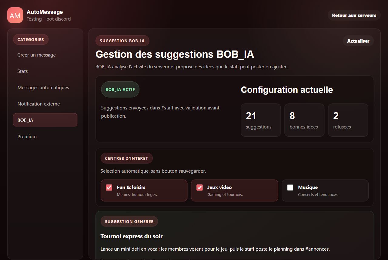 Apercu du dashboard pour configurer BOB_IA