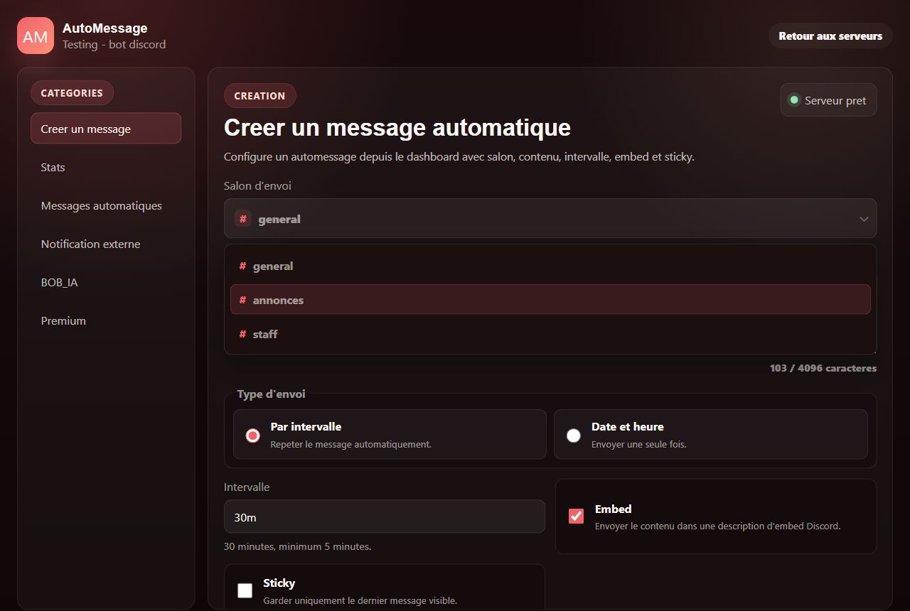 Apercu du dashboard pour creer un message automatique