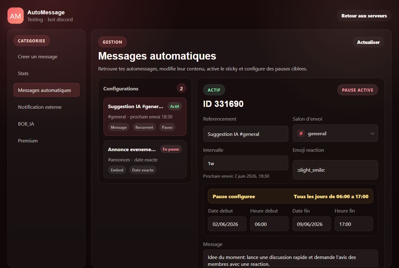 Apercu reel du dashboard AutoMessage