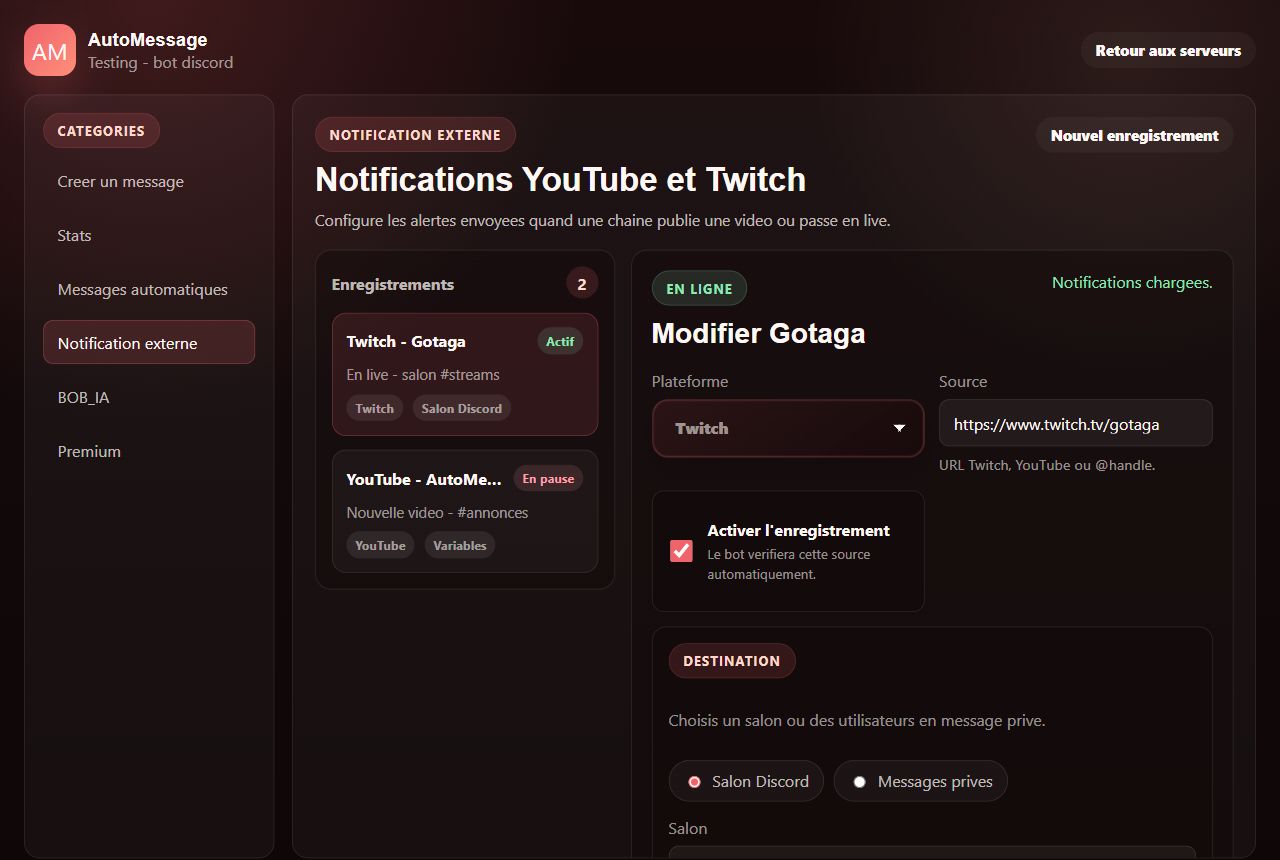 Apercu du dashboard pour configurer les notifications externes